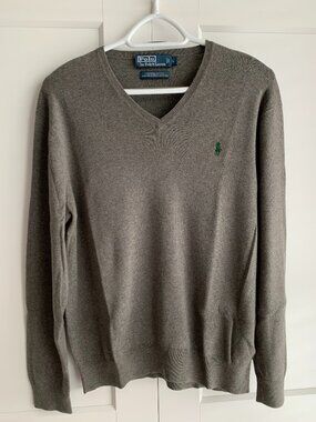 Polo Ralph Lauren 100% Pima Cotton  V Neck Men's Sweater Size L Gray